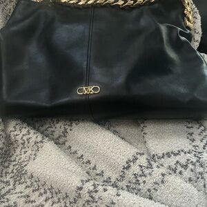 Black Leather Bag with Gold Chain